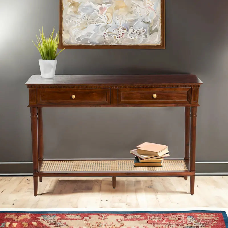 Acacia Wood Console Table with Cane Shelf