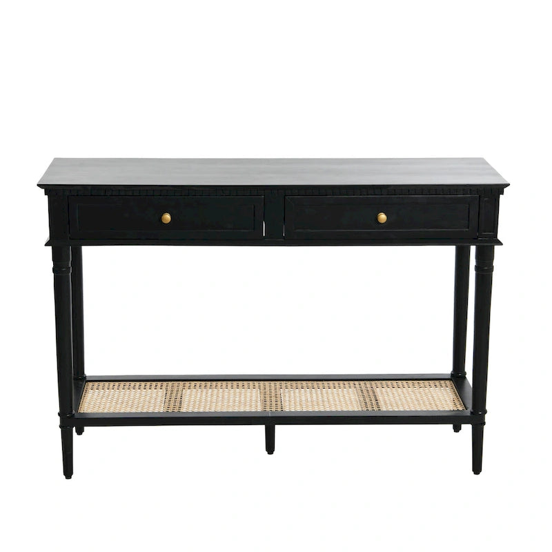 Acacia Wood Console Table with Cane Shelf