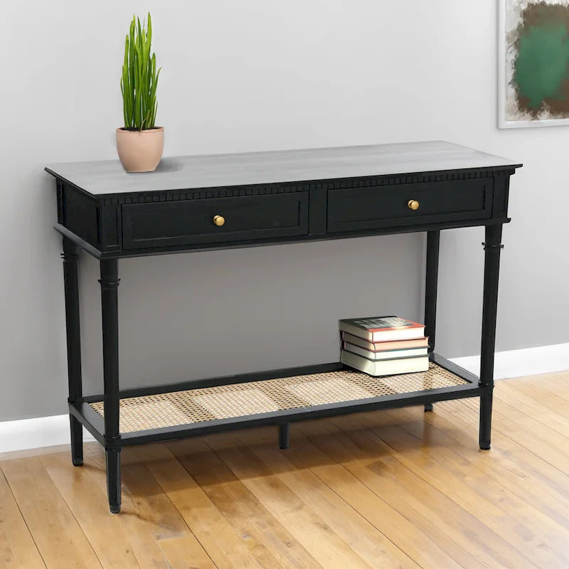 Acacia Wood Console Table with Cane Shelf