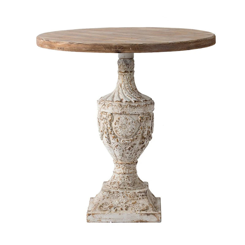 31 Inch Accent Side Table, Pedestal Urn Base, Round Top, Antique White