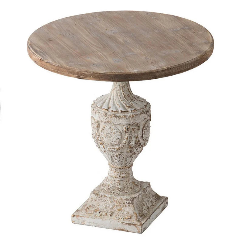 31 Inch Accent Side Table, Pedestal Urn Base, Round Top, Antique White