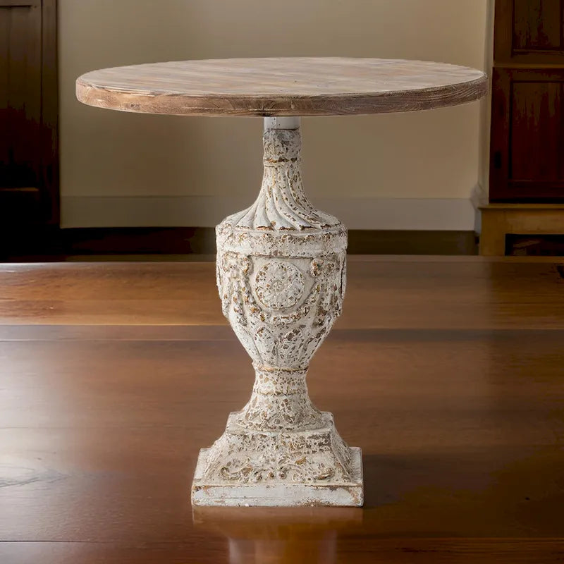31 Inch Accent Side Table, Pedestal Urn Base, Round Top, Antique White