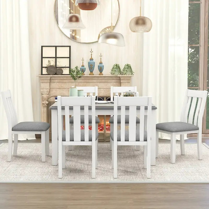 Retro Style 7-Piece Dining Table Set with Extendable Table and 6 Upholstered Chairs