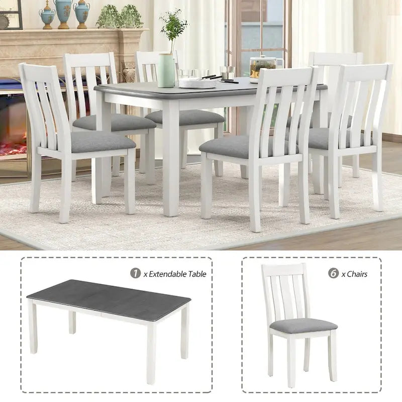 Retro Style 7-Piece Dining Table Set with Extendable Table and 6 Upholstered Chairs