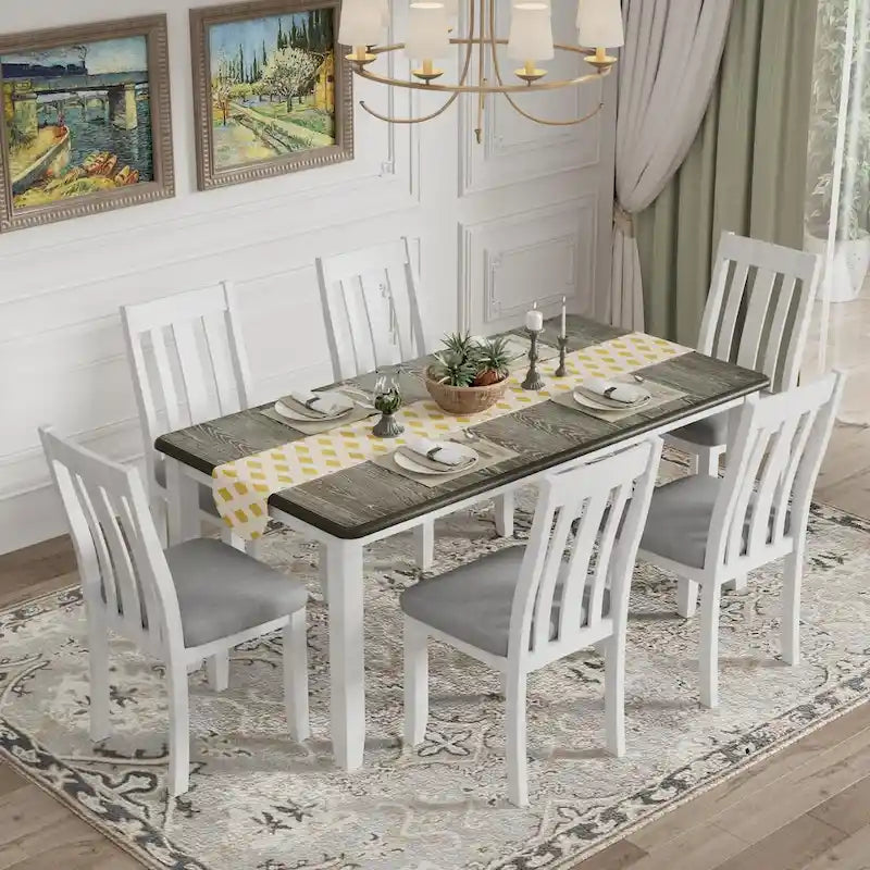 Retro Style 7-Piece Dining Table Set with Extendable Table and 6 Upholstered Chairs
