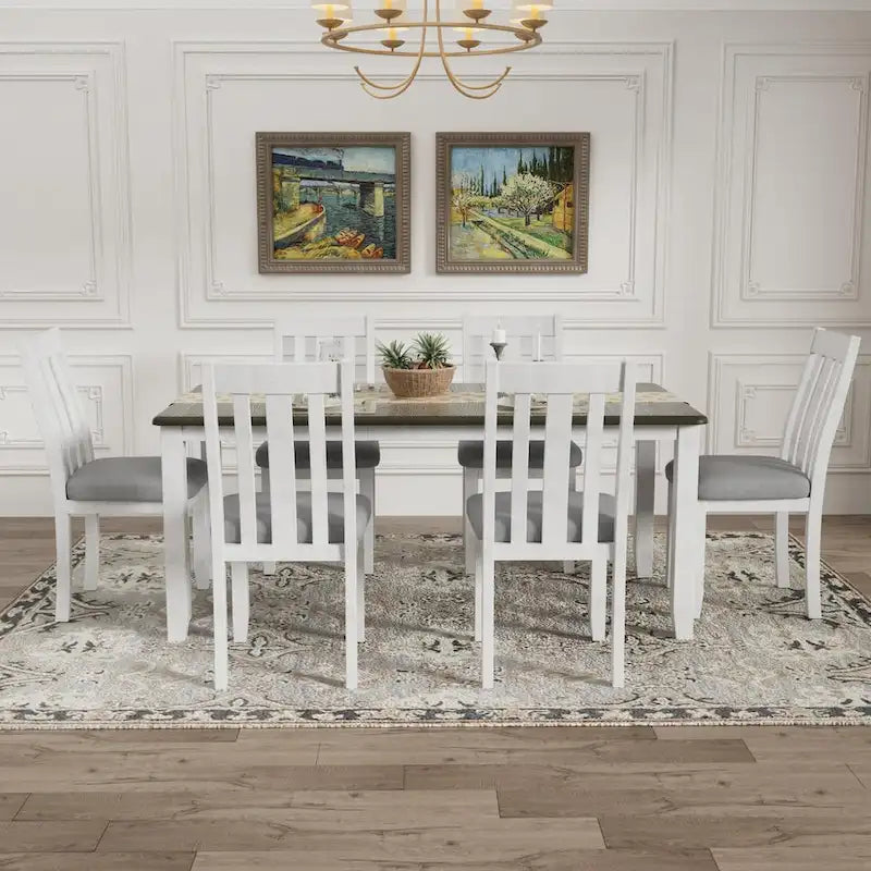 Retro Style 7-Piece Dining Table Set with Extendable Table and 6 Upholstered Chairs