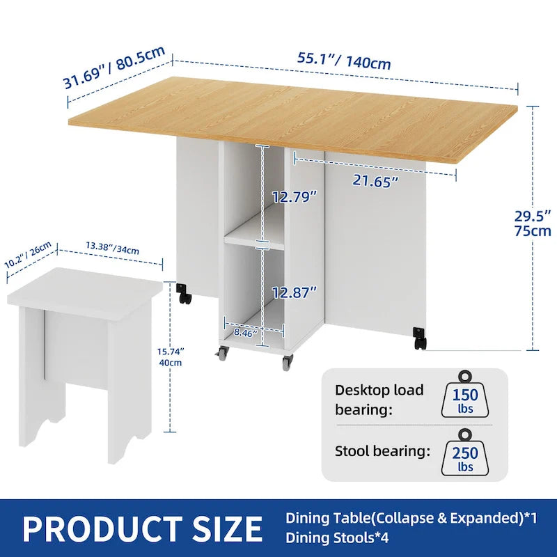 Moasis 5 Pieces 7 Pieces Folding Dining Set with Drop Leaf Table and Storage Stools for up to 6 People
