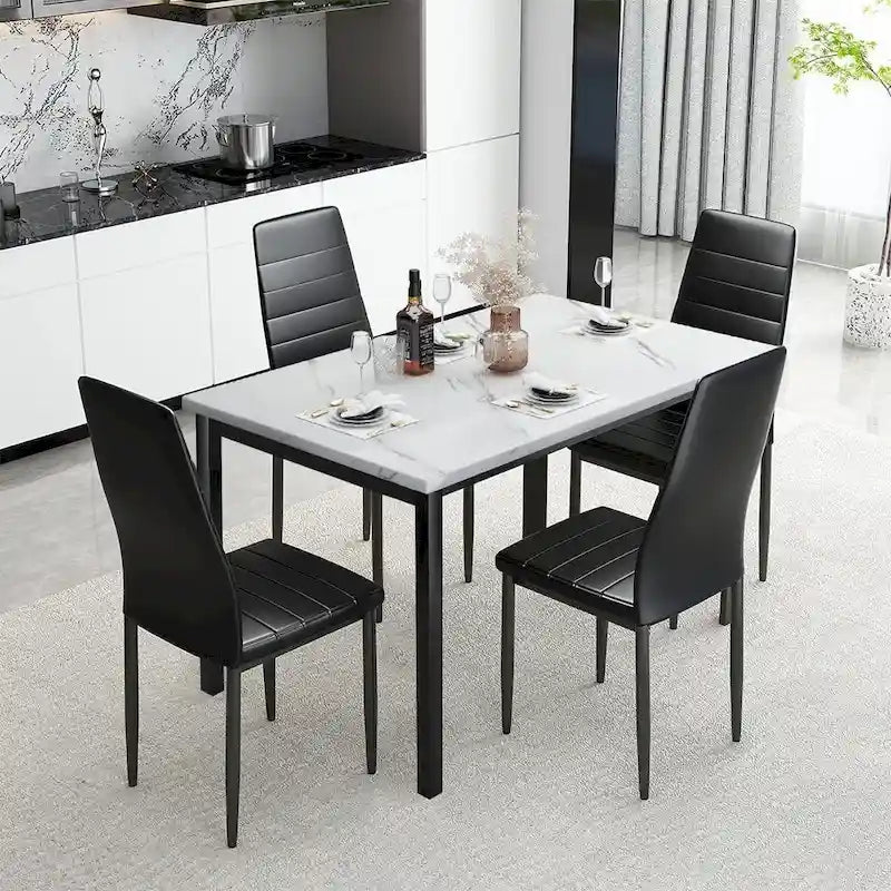 Mieres Modern Style 5-Piece Faux Marble Top Dining Table Set with 4 Faux Leather Upholstered Dining Chairs
