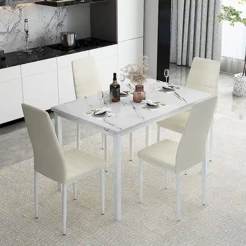 Mieres Modern Style 5-Piece Faux Marble Top Dining Table Set with 4 Faux Leather Upholstered Dining Chairs