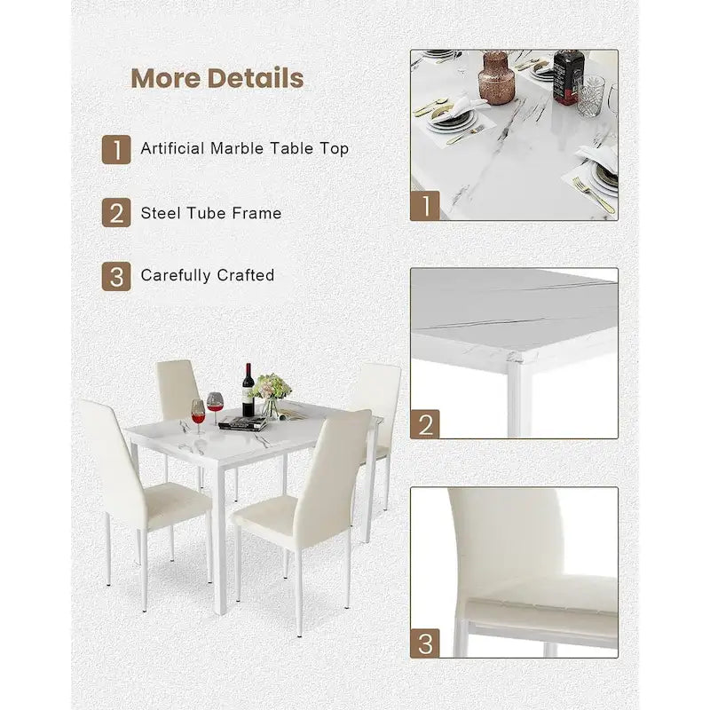 Mieres Modern Style 5-Piece Faux Marble Top Dining Table Set with 4 Faux Leather Upholstered Dining Chairs