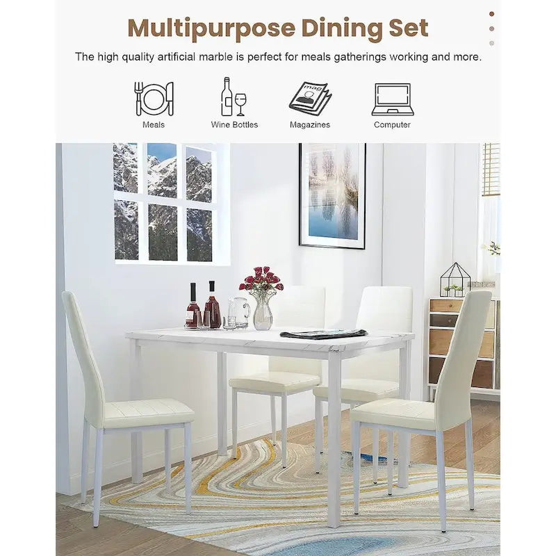 Mieres Modern Style 5-Piece Faux Marble Top Dining Table Set with 4 Faux Leather Upholstered Dining Chairs