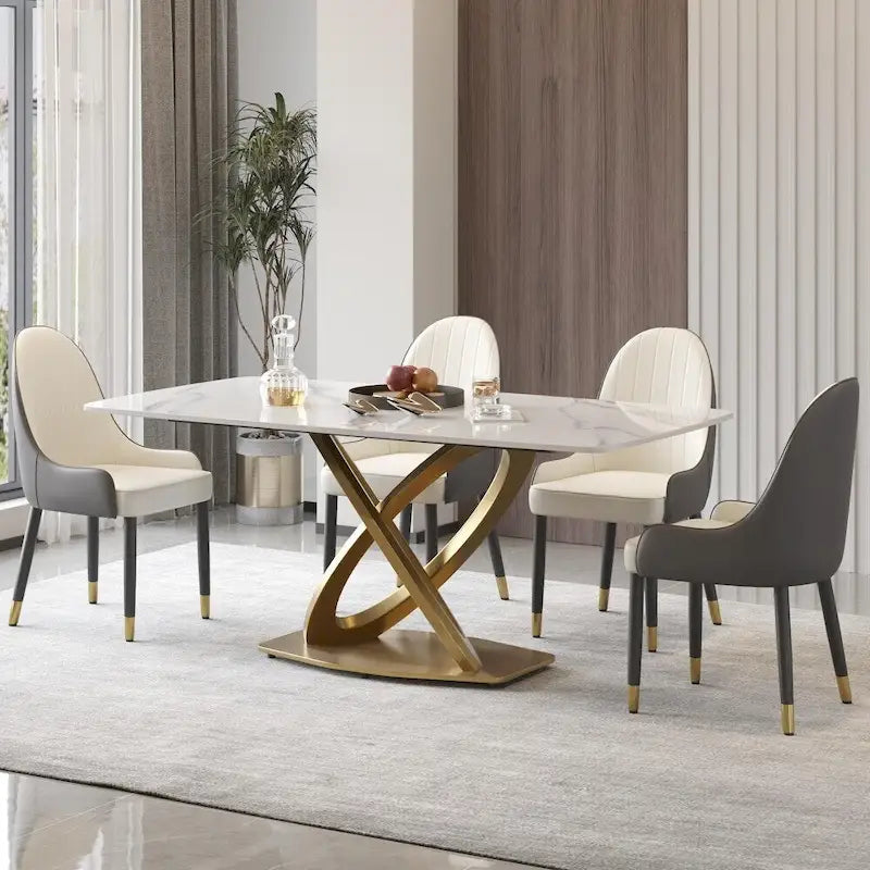 70.8 Dining Table, Modern Dining Table for 8, Antique White Sintered Stone with Stainless Steel Gold Pedestal