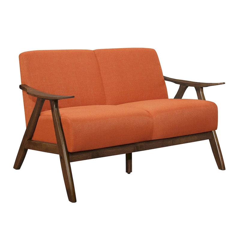 Indy 51 Inch Loveseat, Brown Wood Angled Frame, Textured Orange Fabric