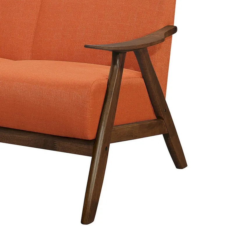 Indy 51 Inch Loveseat, Brown Wood Angled Frame, Textured Orange Fabric