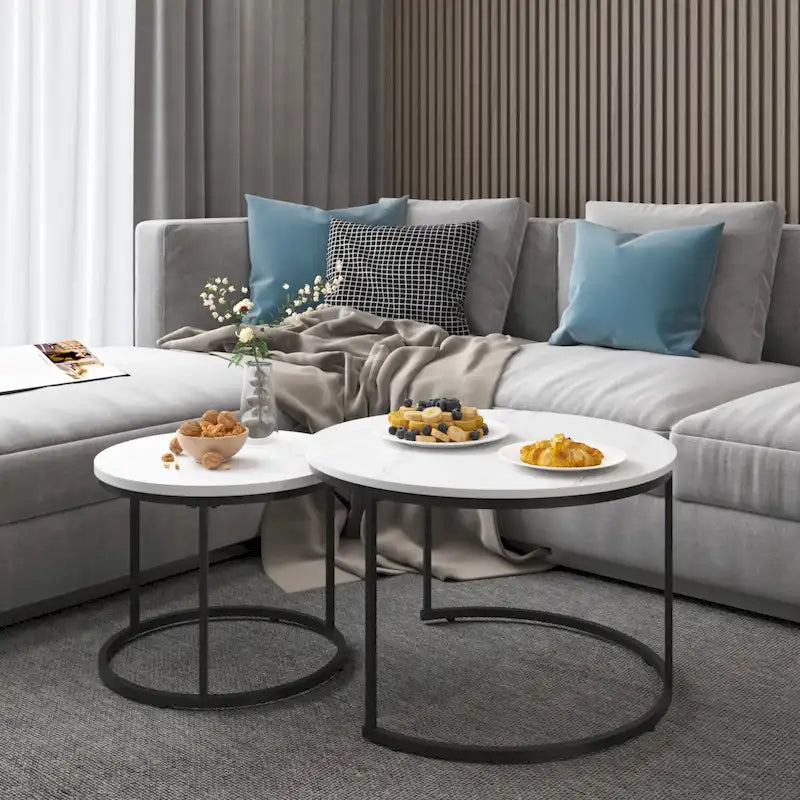 Nesting Coffee Table Set of 2, 27.6inch Round Coffee Table Wood Finish with Sturdy Metal Frame,End Table Side Tables