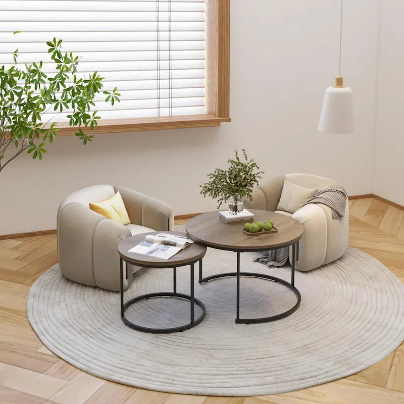 Nesting Coffee Table Set of 2, 27.6inch Round Coffee Table Wood Finish with Sturdy Metal Frame,End Table Side Tables