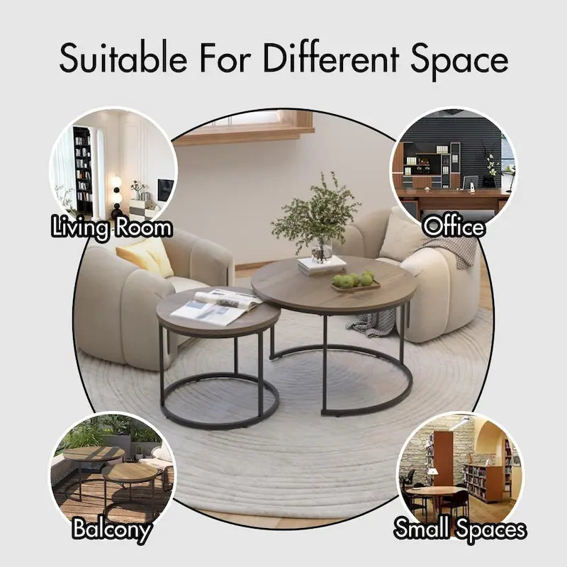 Nesting Coffee Table Set of 2, 27.6inch Round Coffee Table Wood Finish with Sturdy Metal Frame,End Table Side Tables