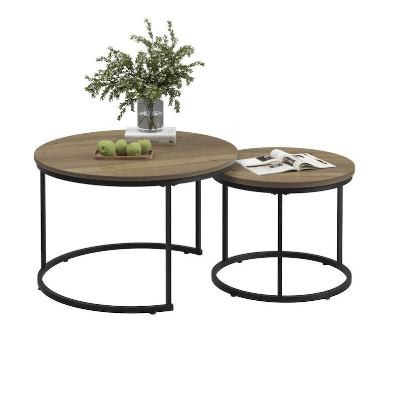 Nesting Coffee Table Set of 2, 27.6inch Round Coffee Table Wood Finish with Sturdy Metal Frame,End Table Side Tables