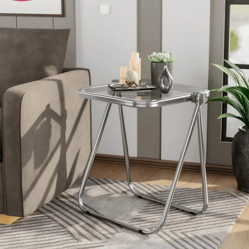 LeisureMod Lawrence Square Plastic Folding End Table with Iron Frame