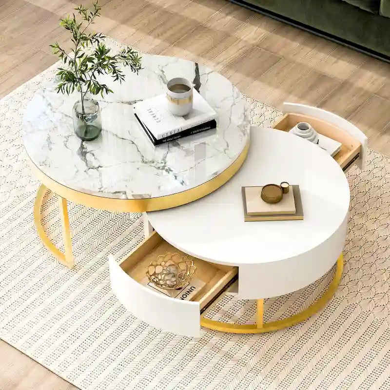 Modern Round Nesting Coffee Table with Drawers