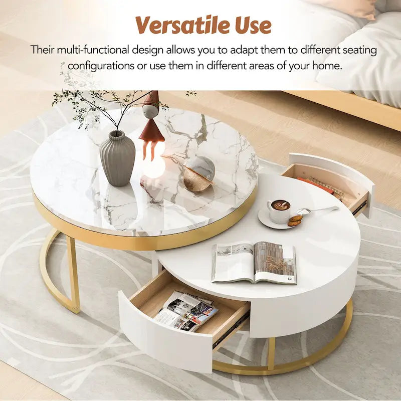 Modern Round Nesting Coffee Table with Drawers