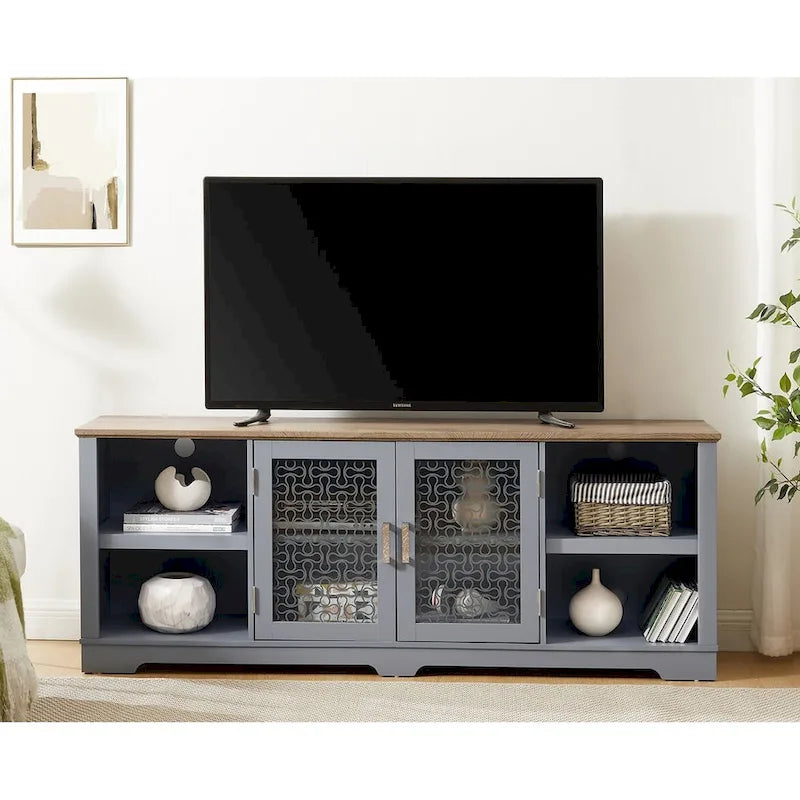 Modern TV Media Stand, Large Home Entertainment Console, for TV Up to 80, with Open Shelves and Glass Door Cabinets