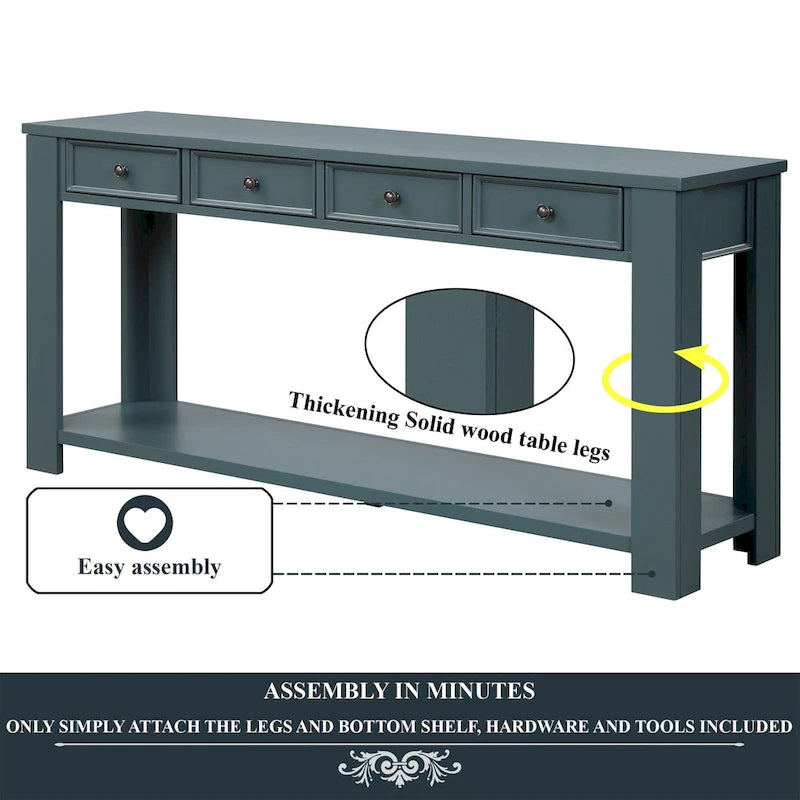 Pine Wood Console Table with 4 Drawers and Bottom Shelf for Entryway Hallway
