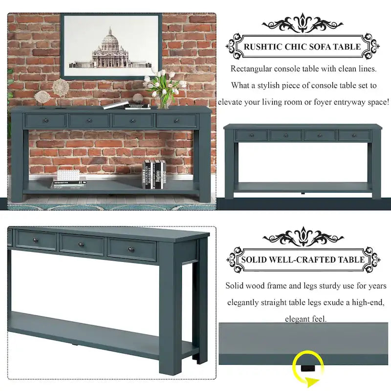 Pine Wood Console Table with 4 Drawers and Bottom Shelf for Entryway Hallway
