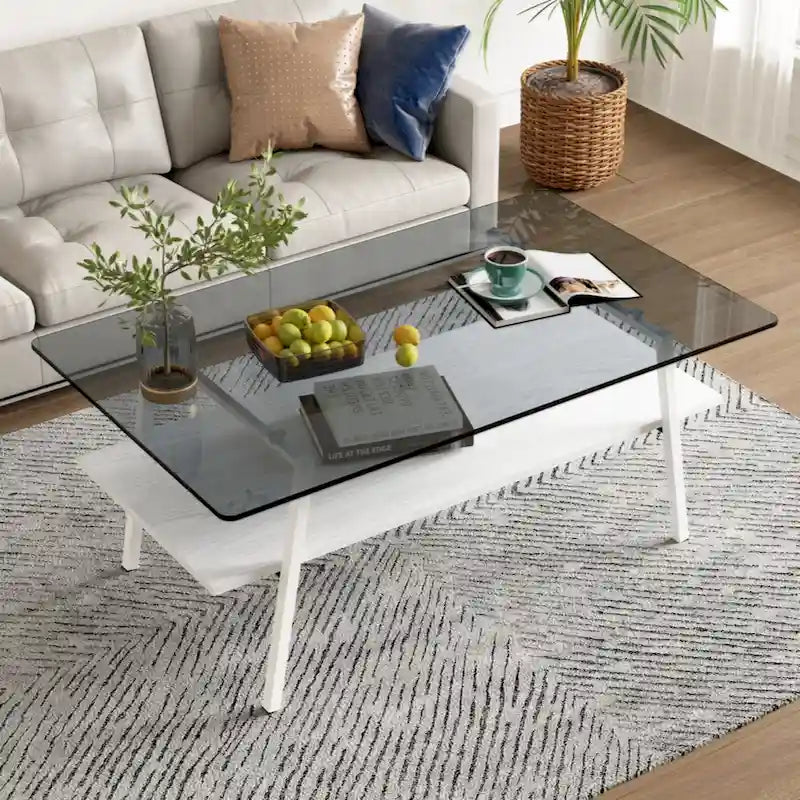 Rectangle Coffee Table, Tempered Glass Tabletop with Black Metal Legs, Modern Table for Living Room