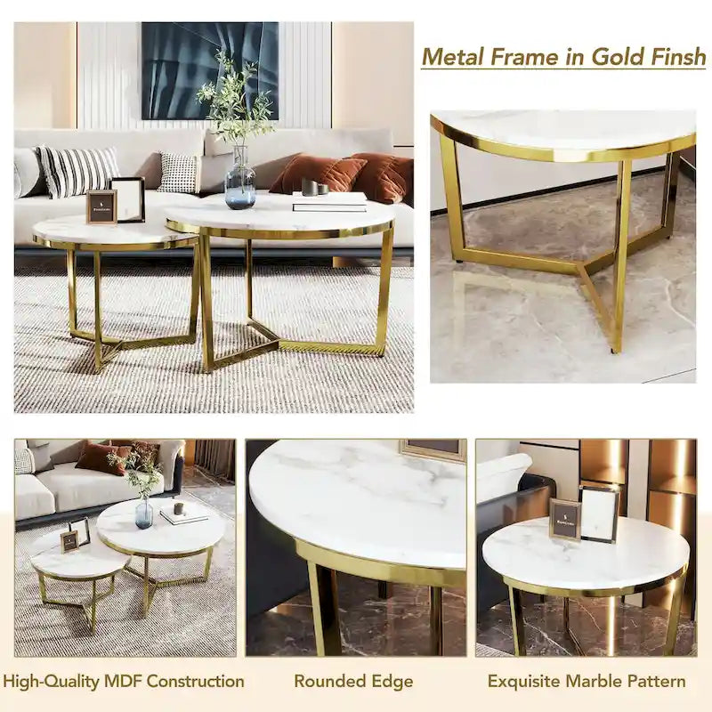 Modern Round Nesting Coffee Table Set 2-Piece White & Marbling Top Gold Base