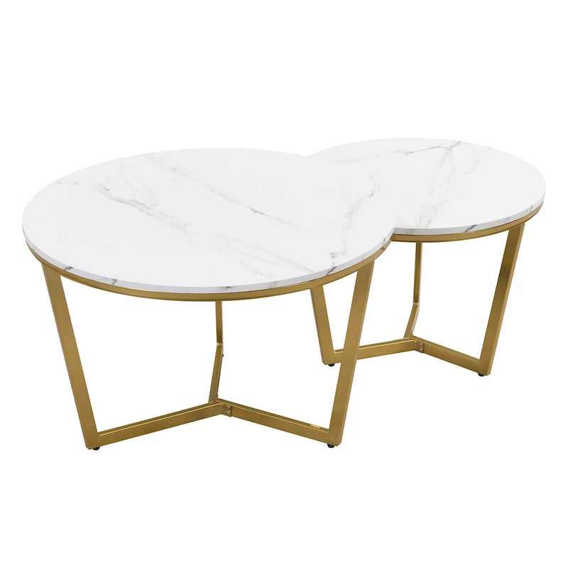 Modern Round Nesting Coffee Table Set 2-Piece White & Marbling Top Gold Base