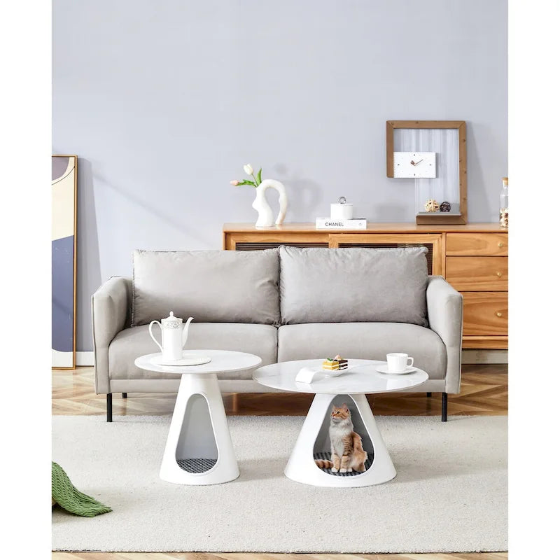 Set of 2 Coffee Round Tables With a Marble-Look top and steel base with 2 cat beds Multifunctional and stylish entable