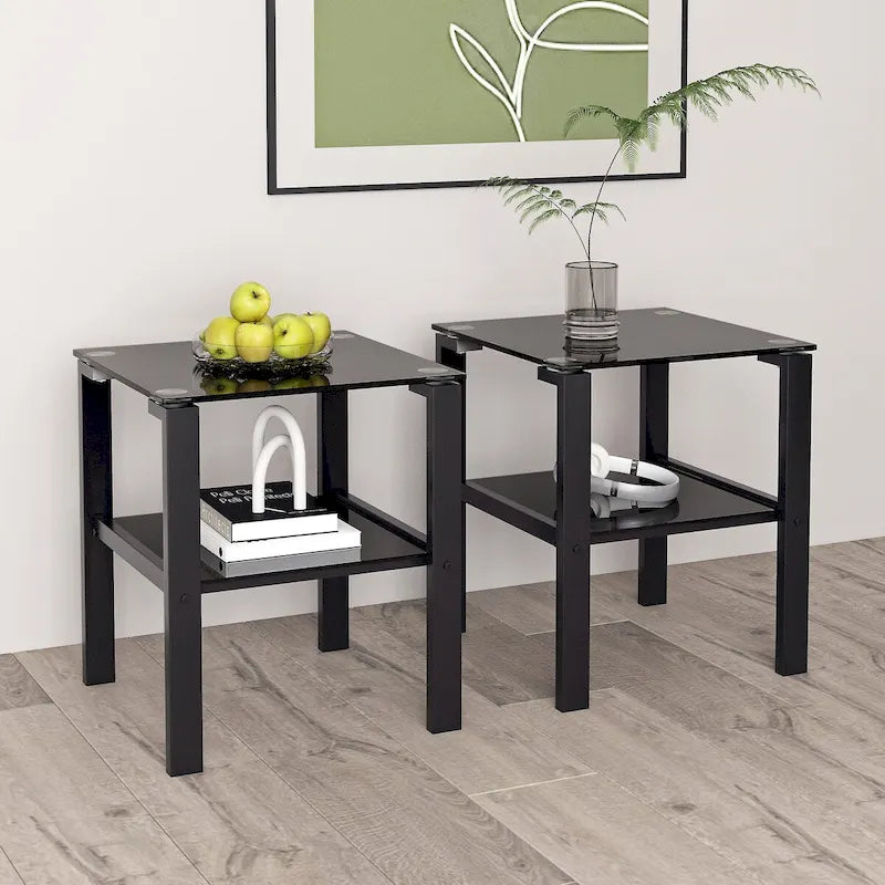 Set of 2, Glass two layer tea table, small round table, bedroom corner table, living room side table