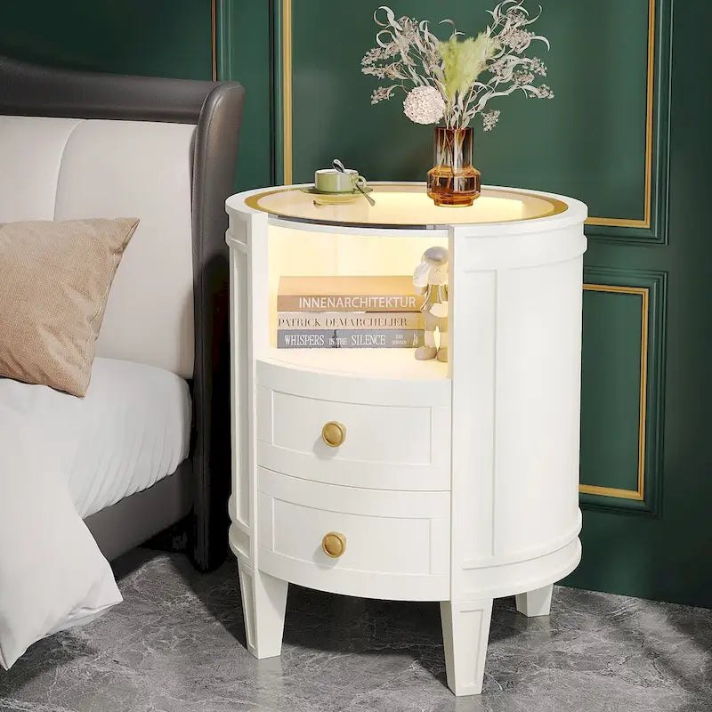 2-Drawer Side Table Nightstand with Open Shelf and LED Lights for Bedroom Living Room