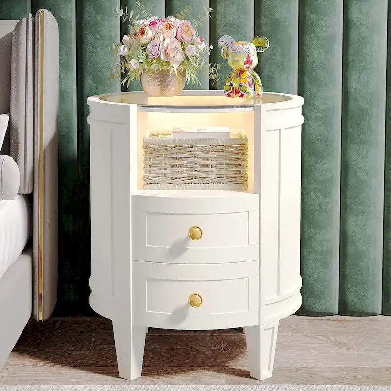 2-Drawer Side Table Nightstand with Open Shelf and LED Lights for Bedroom Living Room