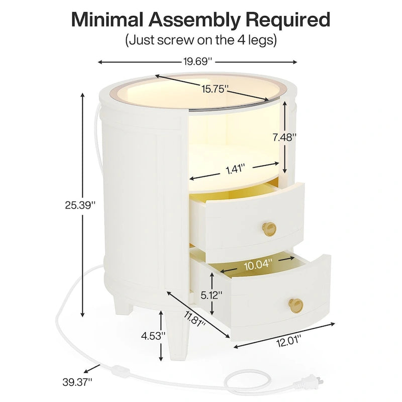 2-Drawer Side Table Nightstand with Open Shelf and LED Lights for Bedroom Living Room