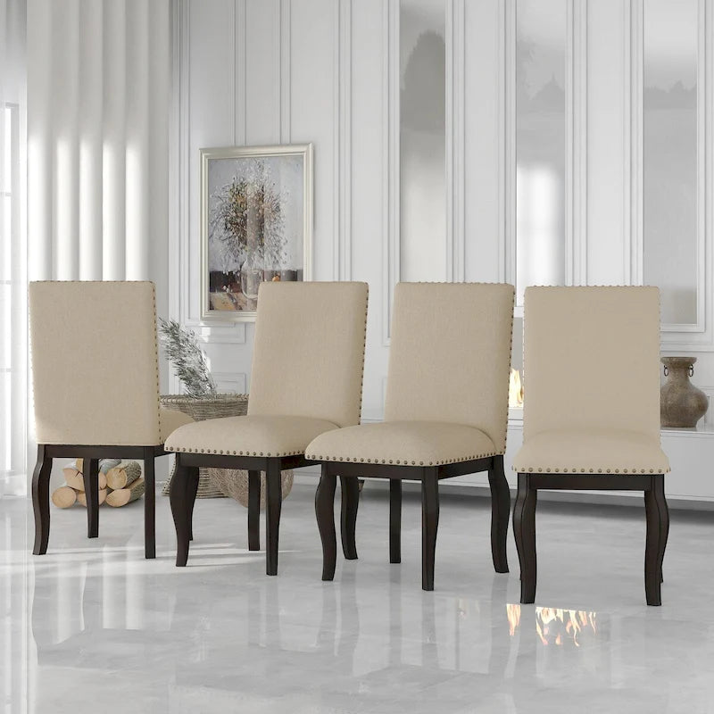 Set of 4 Wood Upholstered Dining Chairs with Nailhead Trim