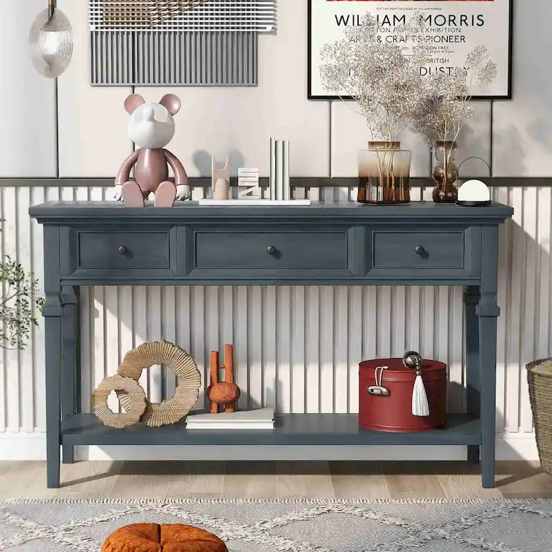 50L Classic Retro Style Console Table with Three Top Drawers and Open Style Bottom Shelf (Gray Wash)