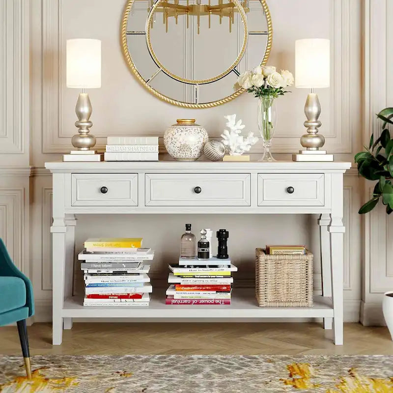 50L Classic Retro Style Console Table with Three Top Drawers and Open Style Bottom Shelf (Gray Wash)