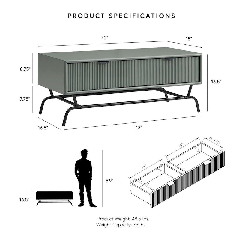 DH BASIC 2-Piece Modern Coffee Table and End Table Set with 3D Wave Accented Drawers by Denhour