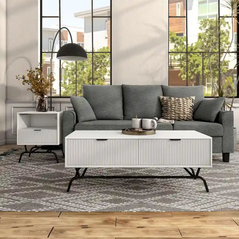 DH BASIC 2-Piece Modern Coffee Table and End Table Set with 3D Wave Accented Drawers by Denhour