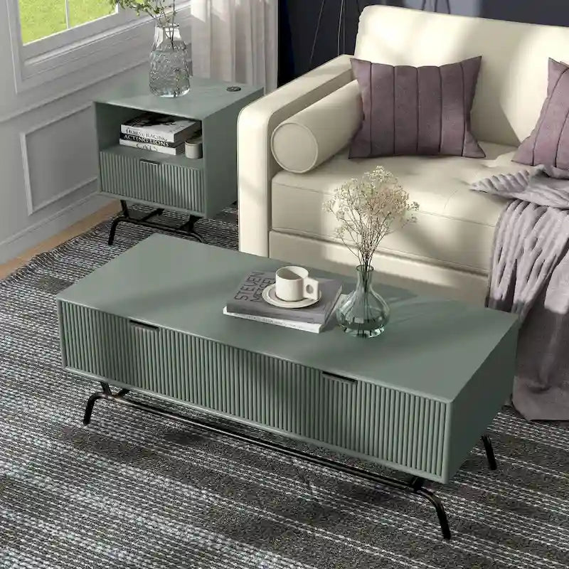 DH BASIC 2-Piece Modern Coffee Table and End Table Set with 3D Wave Accented Drawers by Denhour