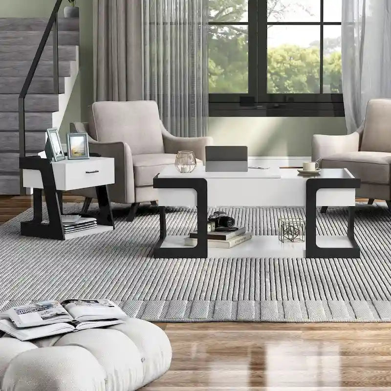DH BASIC 2-Piece Modern White Lift-top Coffee Table and End Table Set by Denhour