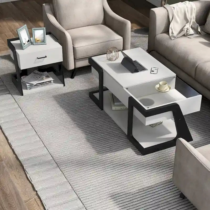DH BASIC 2-Piece Modern White Lift-top Coffee Table and End Table Set by Denhour