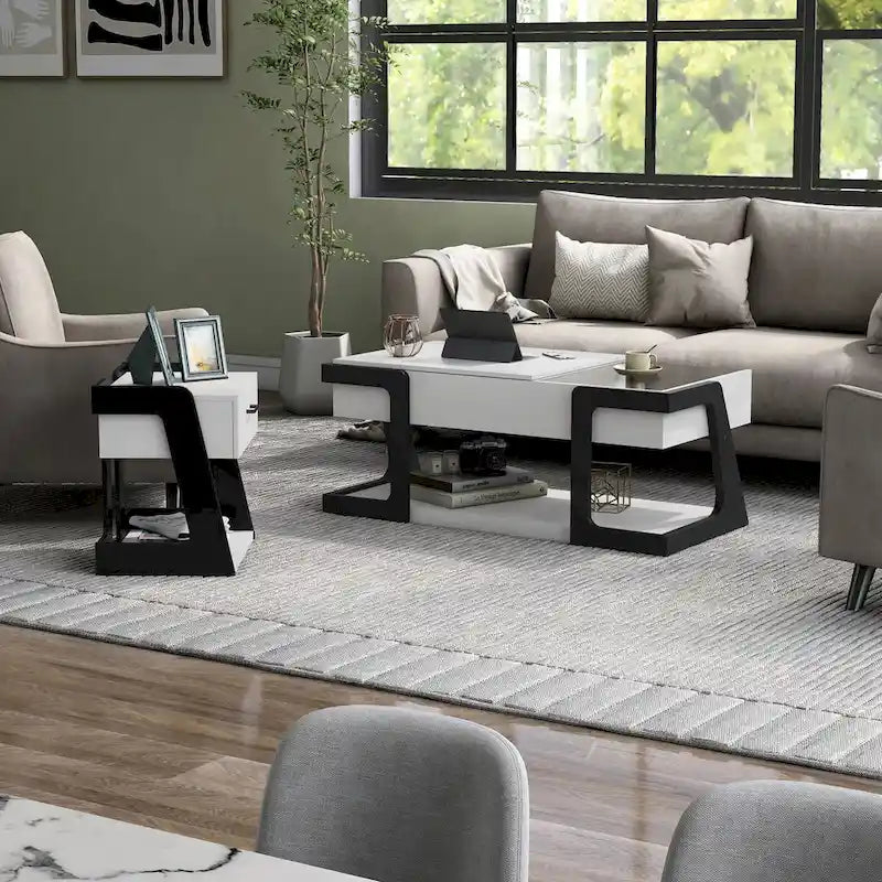 DH BASIC 2-Piece Modern White Lift-top Coffee Table and End Table Set by Denhour
