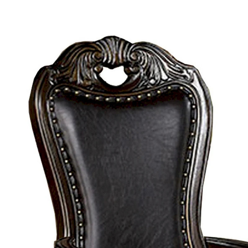 Ons 29 Inch Carved Dining Armchair, Set of 2, Brown Faux Leather