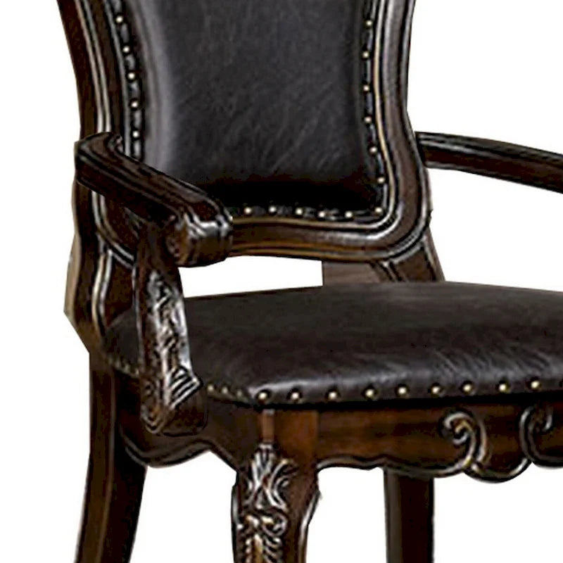Ons 29 Inch Carved Dining Armchair, Set of 2, Brown Faux Leather