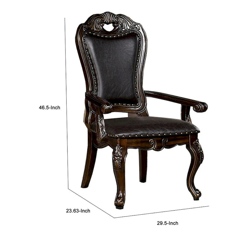 Ons 29 Inch Carved Dining Armchair, Set of 2, Brown Faux Leather
