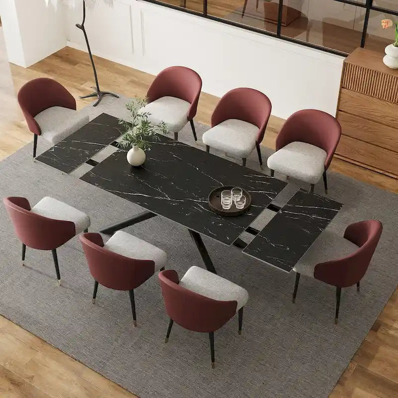 9 - Piece Extendable Rectangular Sintered Stone Cross Legs Dining Set With 8 Chairs For Home or Villa