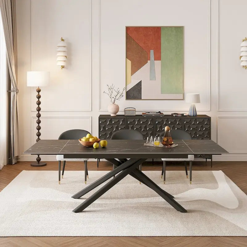 9 - Piece Extendable Rectangular Sintered Stone Cross Legs Dining Set With 8 Chairs For Home or Villa